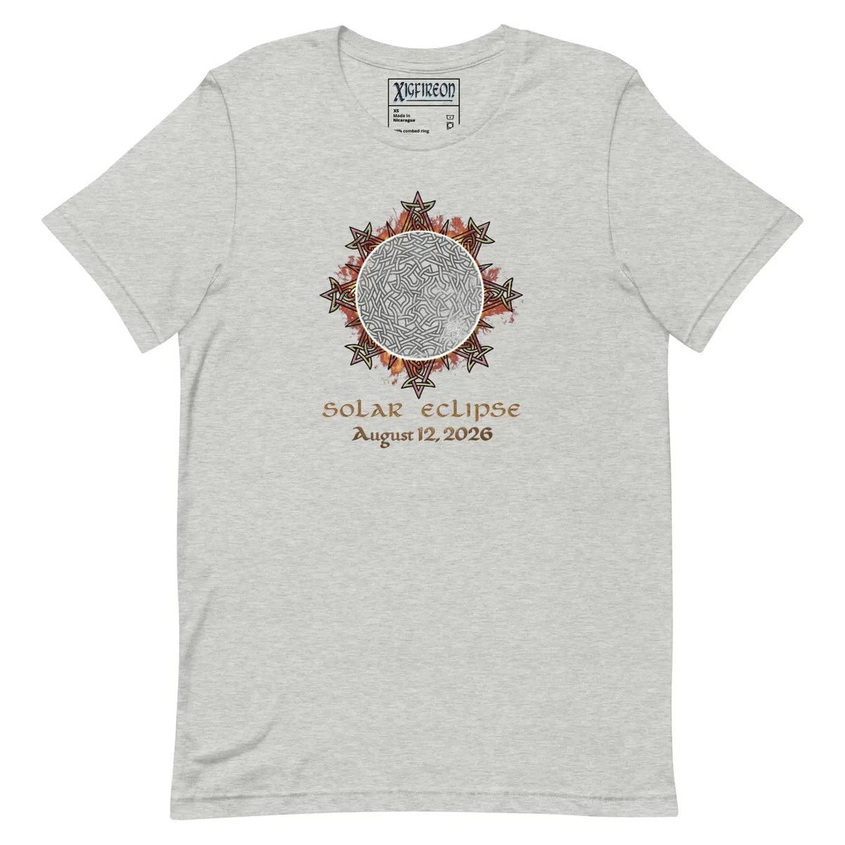 Xigfireon Solar Eclipse August 12, 2026 commemorative t-shirt in athletic heather grey featuring the Morning Star Fire Eclipsed Celtic knot design with original hand-drawn eclipse-inspired artwork and text that reads &
