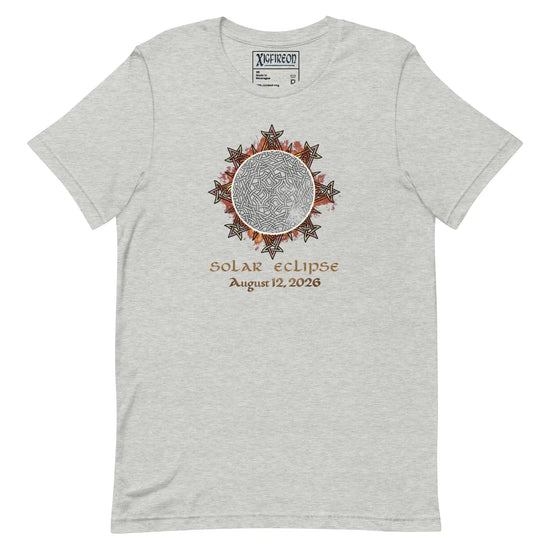 Xigfireon Solar Eclipse August 12, 2026 commemorative t-shirt in athletic heather grey featuring the Morning Star Fire Eclipsed Celtic knot design with original hand-drawn eclipse-inspired artwork and text that reads &