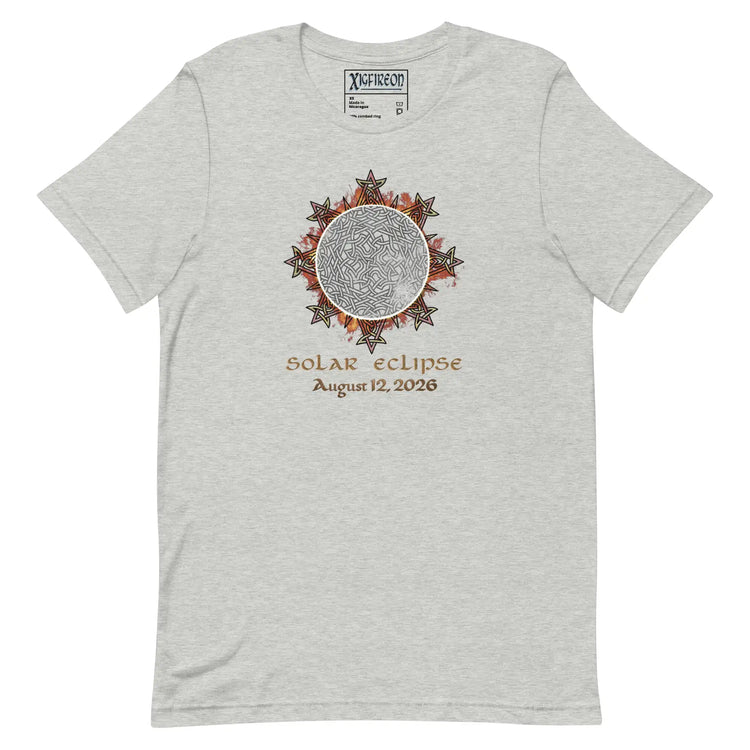 Xigfireon Solar Eclipse August 12, 2026 commemorative t-shirt in athletic heather grey featuring the Morning Star Fire Eclipsed Celtic knot design with original hand-drawn eclipse-inspired artwork and text that reads &