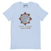 Xigfireon Solar Eclipse August 12, 2026 commemorative t-shirt in baby blue featuring the Morning Star Fire Eclipsed Celtic knot design with original hand-drawn eclipse-inspired artwork and text that reads &