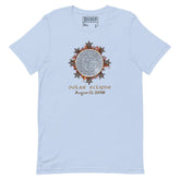 Xigfireon Solar Eclipse August 12, 2026 commemorative t-shirt in baby blue featuring the Morning Star Fire Eclipsed Celtic knot design with original hand-drawn eclipse-inspired artwork and text that reads &