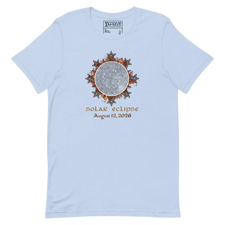 Xigfireon Solar Eclipse August 12, 2026 commemorative t-shirt in baby blue featuring the Morning Star Fire Eclipsed Celtic knot design with original hand-drawn eclipse-inspired artwork and text that reads &