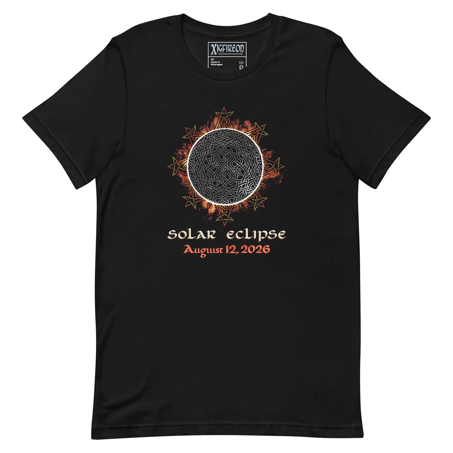 Xigfireon Solar Eclipse August 12, 2026 commemorative t-shirt in black featuring the Morning Star Fire Eclipsed Celtic knot design with original hand-drawn eclipse-inspired artwork and text that reads &