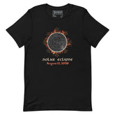 Xigfireon Solar Eclipse August 12, 2026 commemorative t-shirt in black featuring the Morning Star Fire Eclipsed Celtic knot design with original hand-drawn eclipse-inspired artwork and text that reads &
