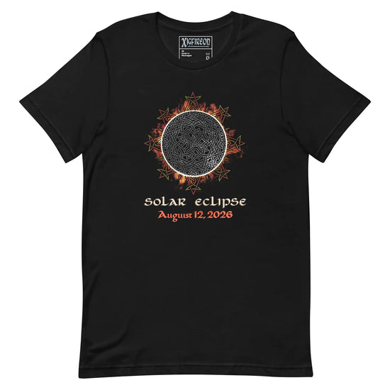 Xigfireon Solar Eclipse August 12, 2026 commemorative t-shirt in black featuring the Morning Star Fire Eclipsed Celtic knot design with original hand-drawn eclipse-inspired artwork and text that reads &