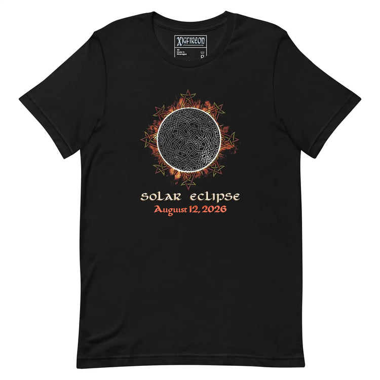 Xigfireon Solar Eclipse August 12, 2026 commemorative t-shirt in black featuring the Morning Star Fire Eclipsed Celtic knot design with original hand-drawn eclipse-inspired artwork and text that reads &