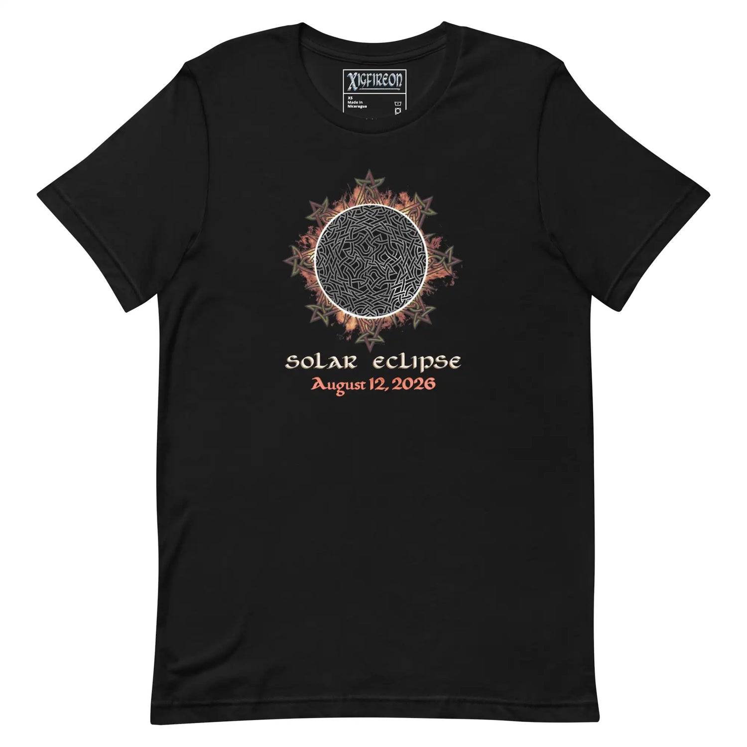 Xigfireon Solar Eclipse August 12, 2026 commemorative t-shirt in black featuring the Morning Star Fire Eclipsed Celtic knot design with original hand-drawn eclipse-inspired artwork and text that reads &