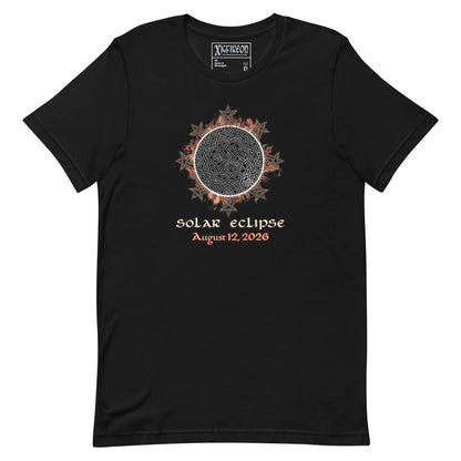 Xigfireon Solar Eclipse August 12, 2026 commemorative t-shirt in black featuring the Morning Star Fire Eclipsed Celtic knot design with original hand-drawn eclipse-inspired artwork and text that reads &