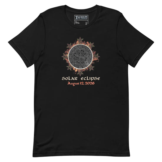 Xigfireon Solar Eclipse August 12, 2026 commemorative t-shirt in black featuring the Morning Star Fire Eclipsed Celtic knot design with original hand-drawn eclipse-inspired artwork and text that reads &