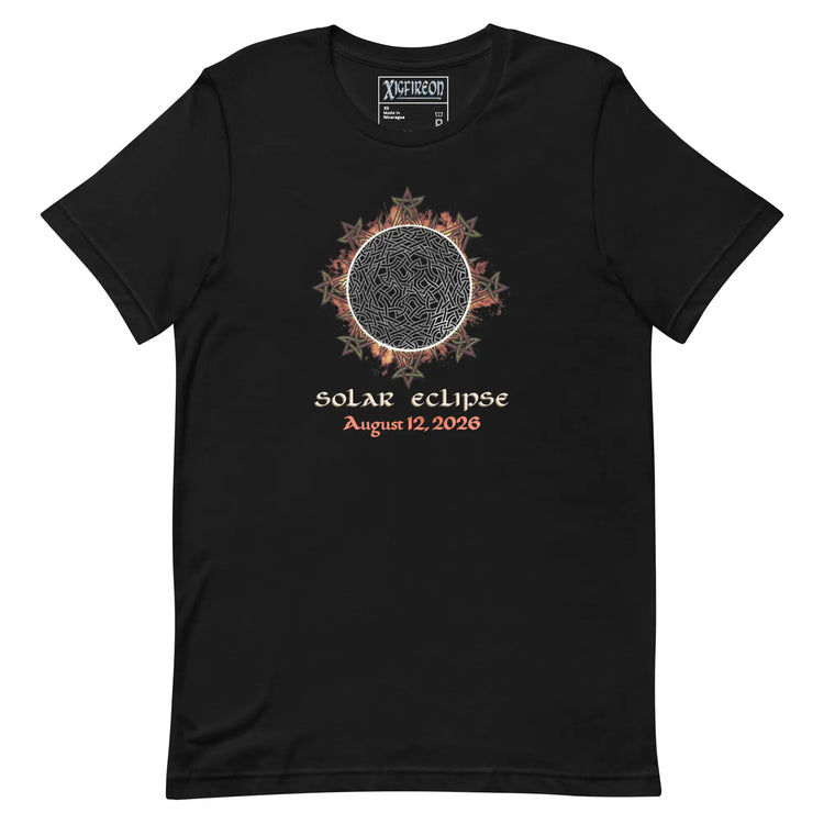 Xigfireon Solar Eclipse August 12, 2026 commemorative t-shirt in black featuring the Morning Star Fire Eclipsed Celtic knot design with original hand-drawn eclipse-inspired artwork and text that reads &