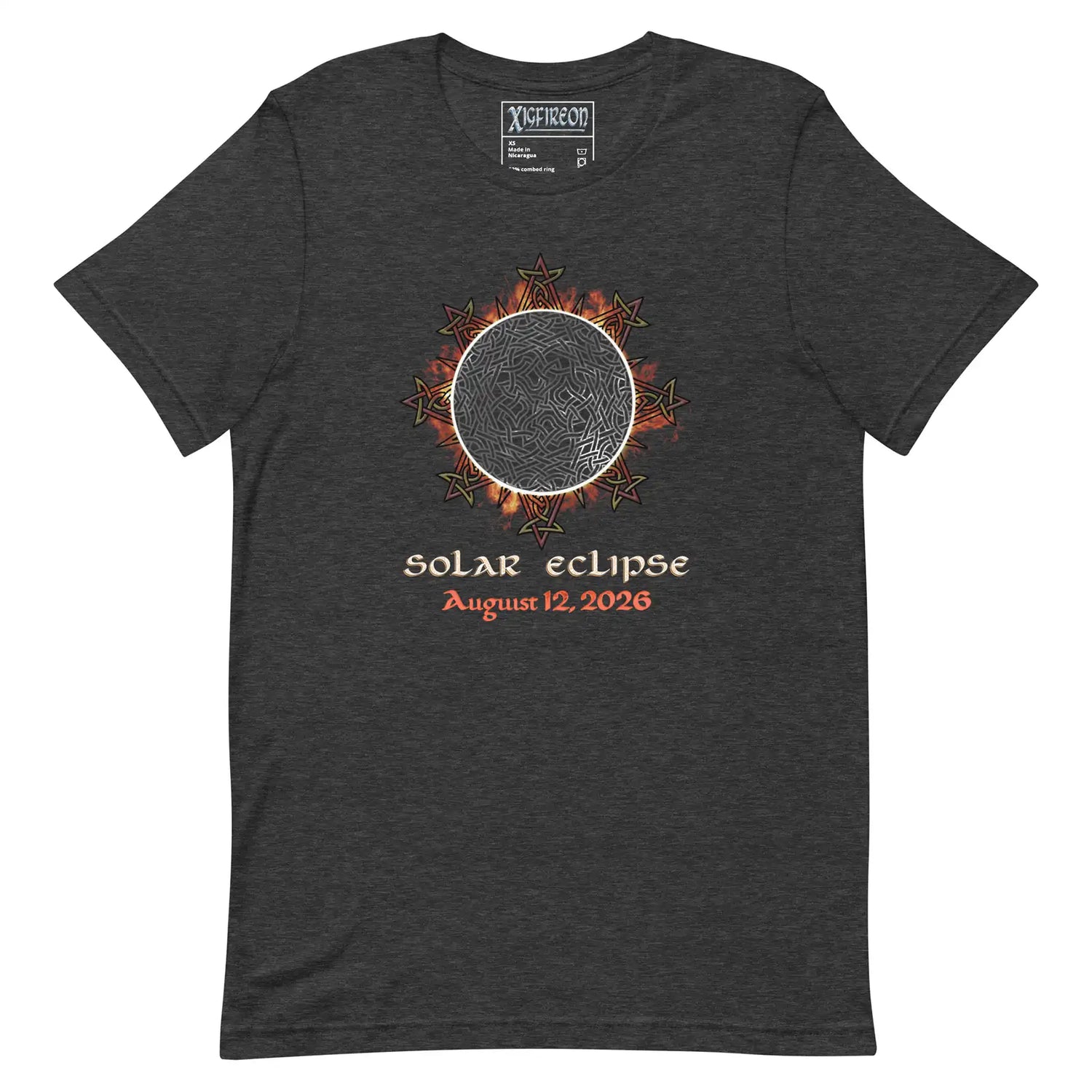 Xigfireon Solar Eclipse August 12, 2026 commemorative t-shirt in dark grey heather featuring the Morning Star Fire Eclipsed Celtic knot design with original hand-drawn eclipse-inspired artwork and text that reads &