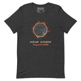 Xigfireon Solar Eclipse August 12, 2026 commemorative t-shirt in dark grey heather featuring the Morning Star Fire Eclipsed Celtic knot design with original hand-drawn eclipse-inspired artwork and text that reads &