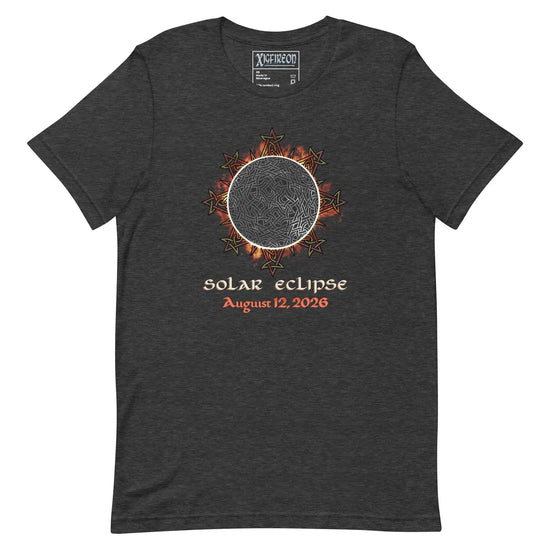 Xigfireon Solar Eclipse August 12, 2026 commemorative t-shirt in dark grey heather featuring the Morning Star Fire Eclipsed Celtic knot design with original hand-drawn eclipse-inspired artwork and text that reads &