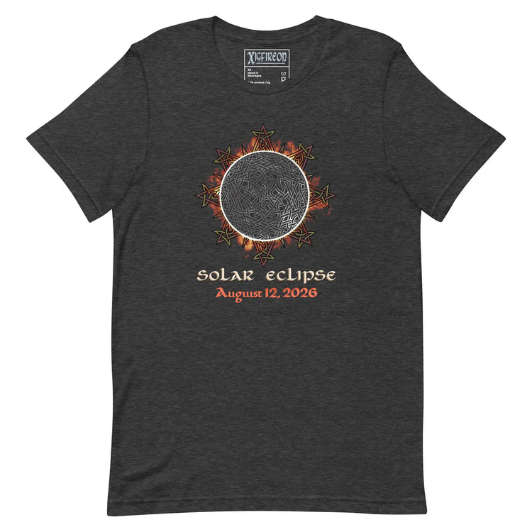 Xigfireon Solar Eclipse August 12, 2026 commemorative t-shirt in dark grey heather featuring the Morning Star Fire Eclipsed Celtic knot design with original hand-drawn eclipse-inspired artwork and text that reads &