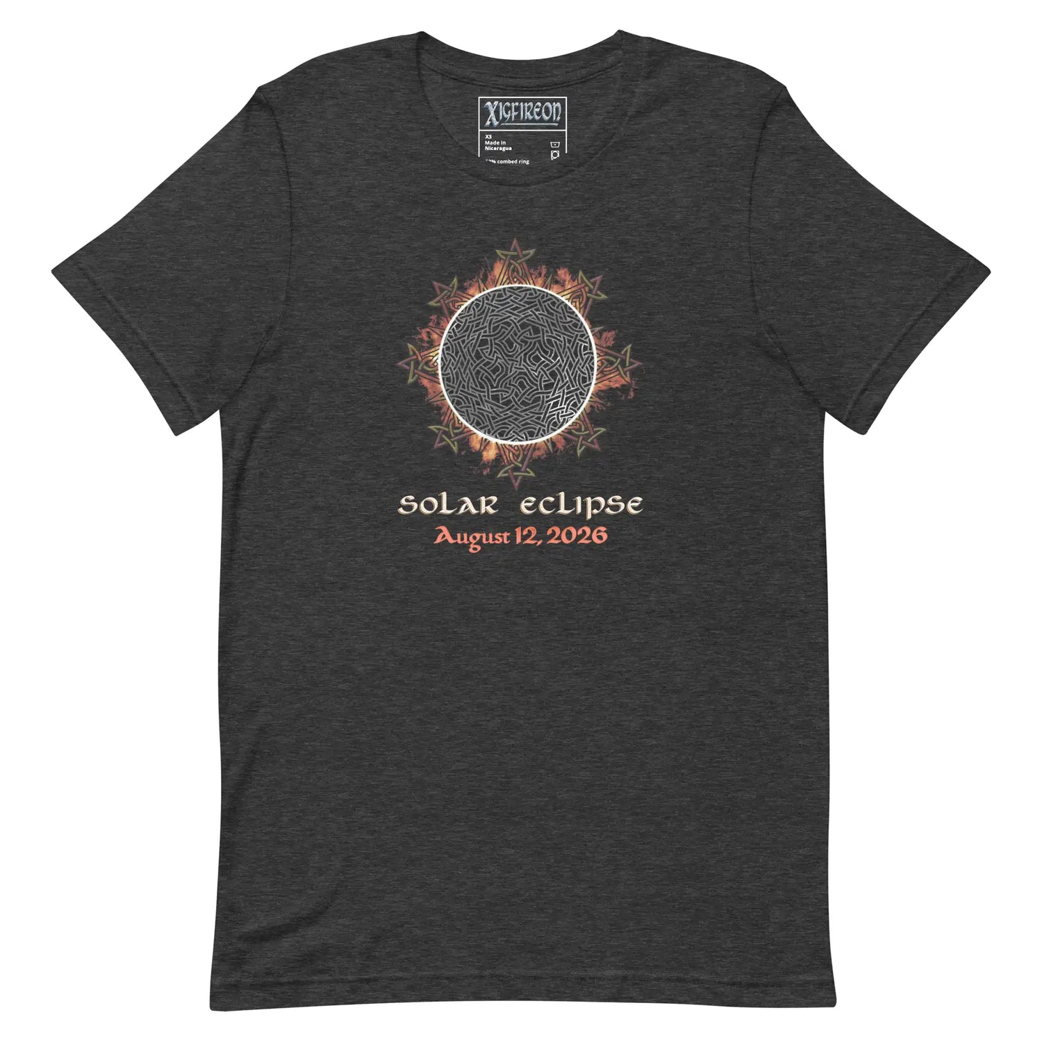 Xigfireon Solar Eclipse August 12, 2026 commemorative t-shirt in dark grey heather featuring the Morning Star Fire Eclipsed Celtic knot design with original hand-drawn eclipse-inspired artwork and text that reads &