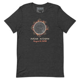 Xigfireon Solar Eclipse August 12, 2026 commemorative t-shirt in dark grey heather featuring the Morning Star Fire Eclipsed Celtic knot design with original hand-drawn eclipse-inspired artwork and text that reads &