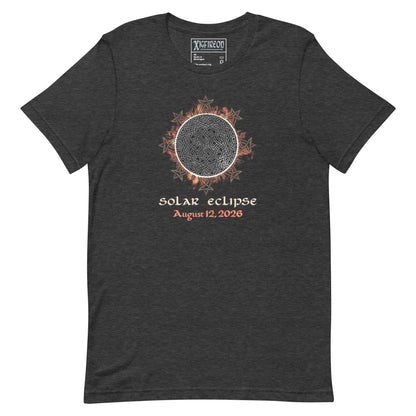 Xigfireon Solar Eclipse August 12, 2026 commemorative t-shirt in dark grey heather featuring the Morning Star Fire Eclipsed Celtic knot design with original hand-drawn eclipse-inspired artwork and text that reads &