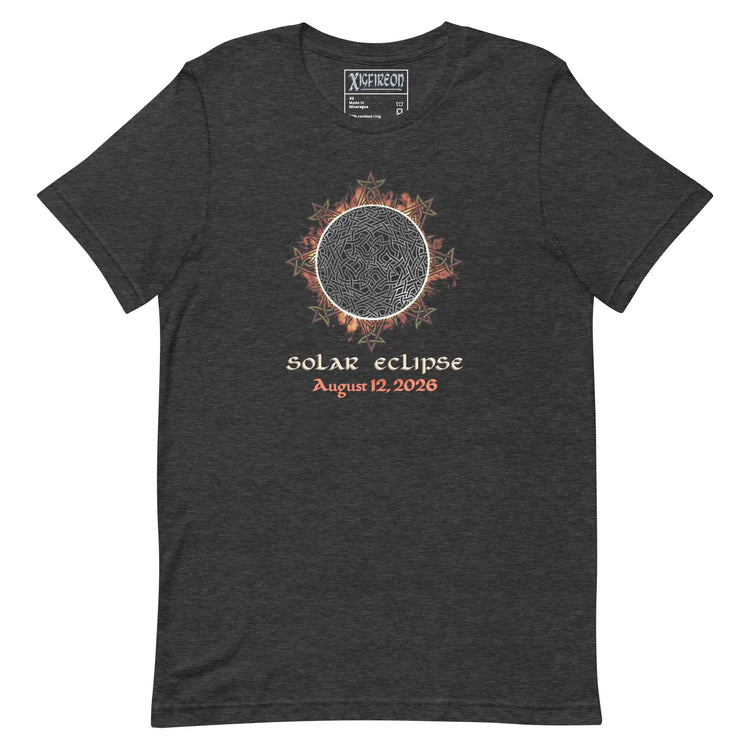 Xigfireon Solar Eclipse August 12, 2026 commemorative t-shirt in dark grey heather featuring the Morning Star Fire Eclipsed Celtic knot design with original hand-drawn eclipse-inspired artwork and text that reads &