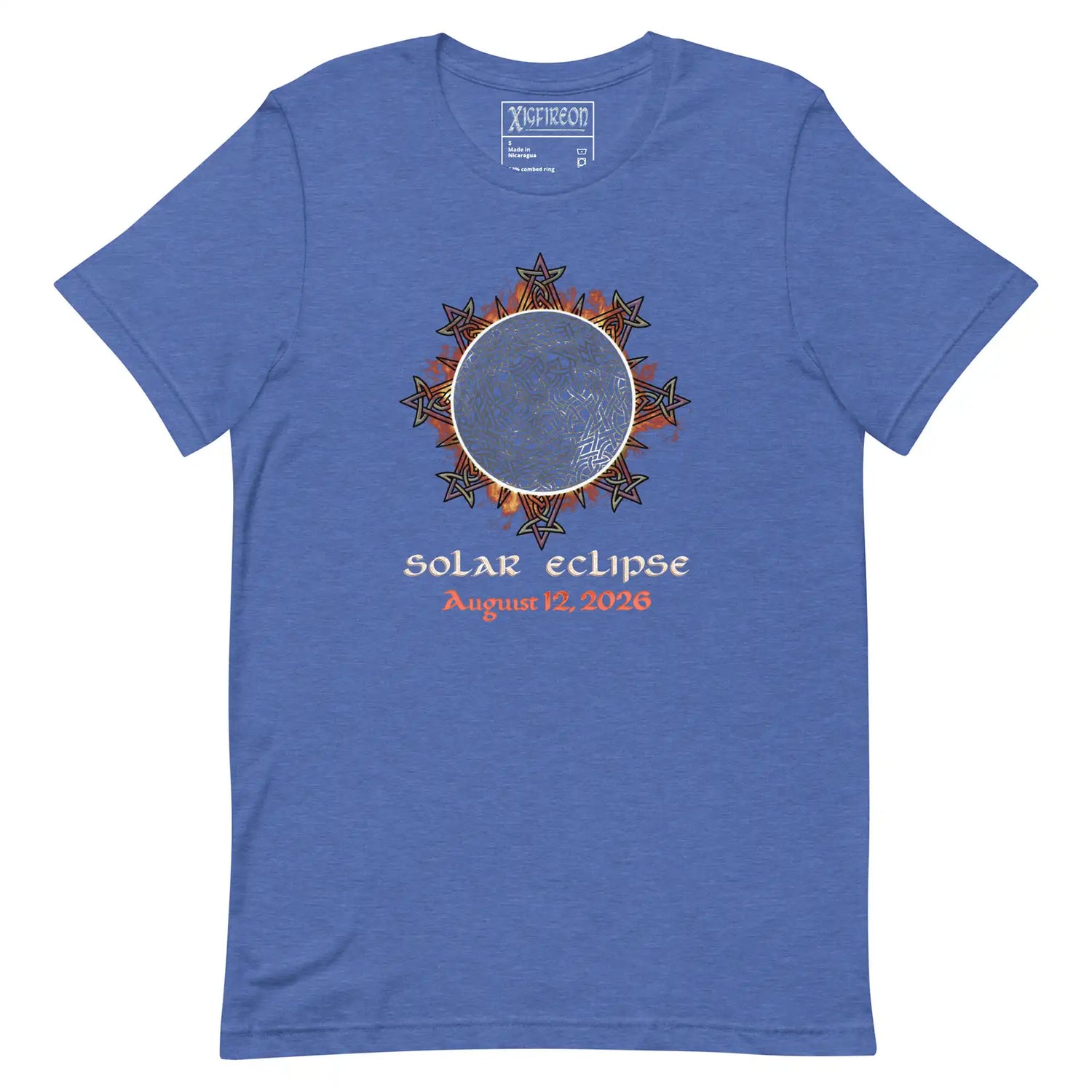 Xigfireon Solar Eclipse August 12, 2026 commemorative t-shirt in true royal blue featuring the Morning Star Fire Eclipsed Celtic knot design with original hand-drawn eclipse-inspired artwork and text that reads &