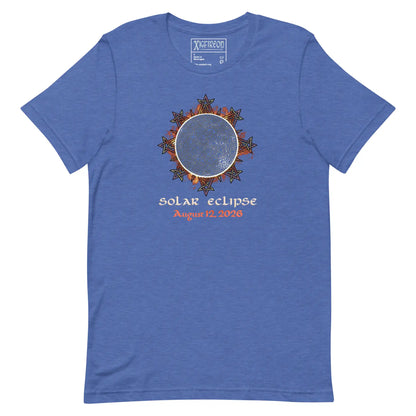Xigfireon Solar Eclipse August 12, 2026 commemorative t-shirt in true royal blue featuring the Morning Star Fire Eclipsed Celtic knot design with original hand-drawn eclipse-inspired artwork and text that reads &