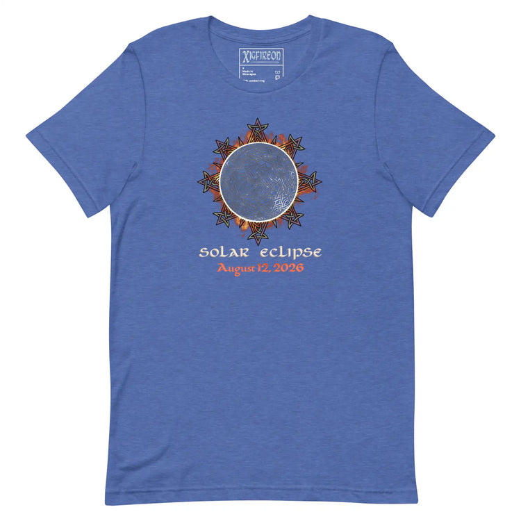 Xigfireon Solar Eclipse August 12, 2026 commemorative t-shirt in true royal blue featuring the Morning Star Fire Eclipsed Celtic knot design with original hand-drawn eclipse-inspired artwork and text that reads &
