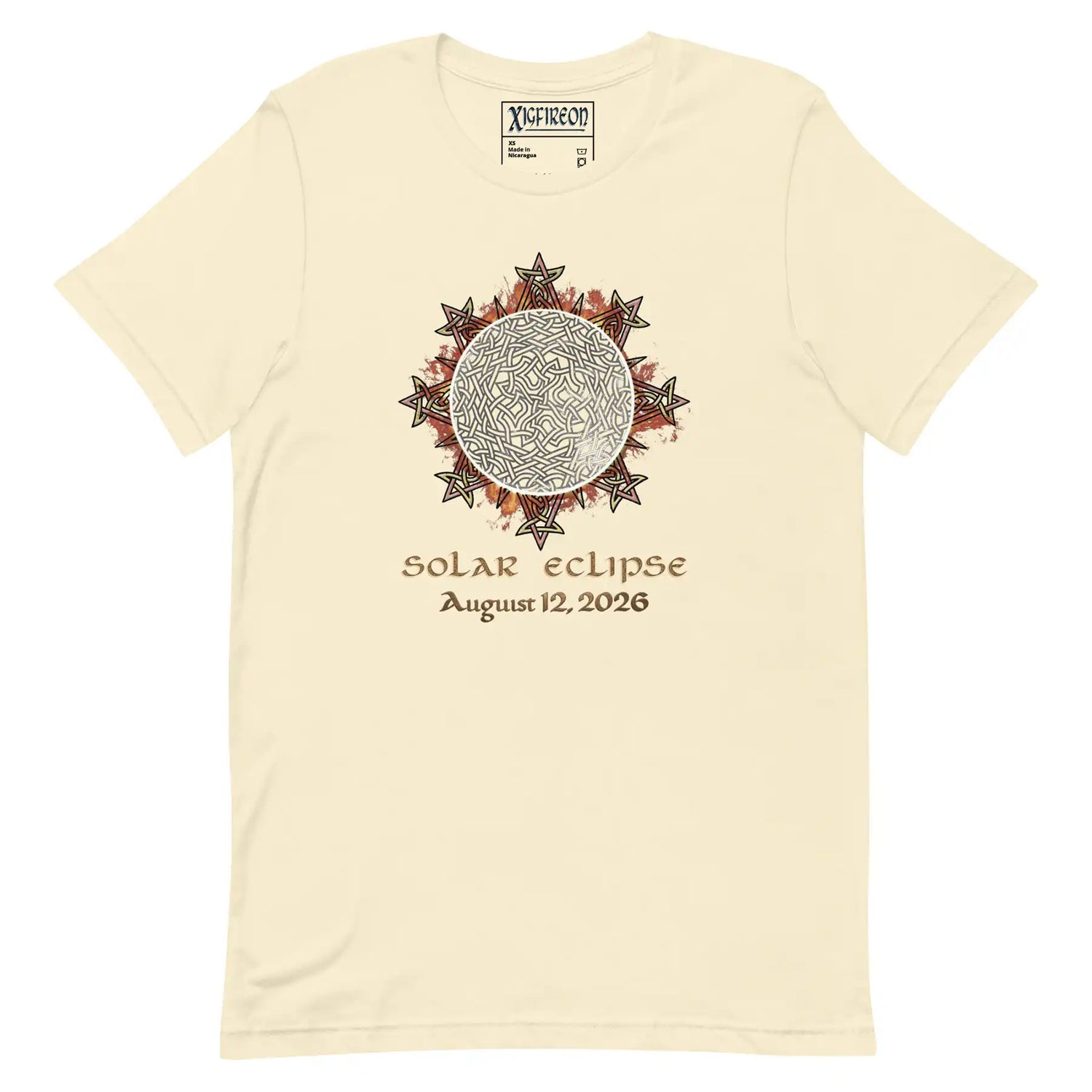 Xigfireon Solar Eclipse August 12, 2026 commemorative t-shirt in natural off-white featuring the Morning Star Fire Eclipsed Celtic knot design with original hand-drawn eclipse-inspired artwork and text that reads &