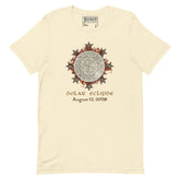 Xigfireon Solar Eclipse August 12, 2026 commemorative t-shirt in natural off-white featuring the Morning Star Fire Eclipsed Celtic knot design with original hand-drawn eclipse-inspired artwork and text that reads &