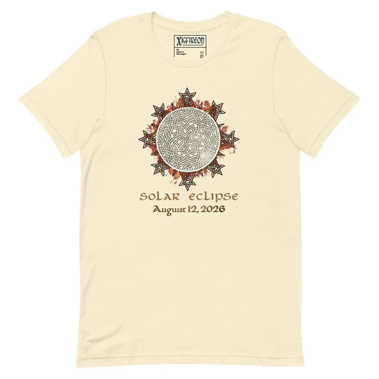 Xigfireon Solar Eclipse August 12, 2026 commemorative t-shirt in natural off-white featuring the Morning Star Fire Eclipsed Celtic knot design with original hand-drawn eclipse-inspired artwork and text that reads &