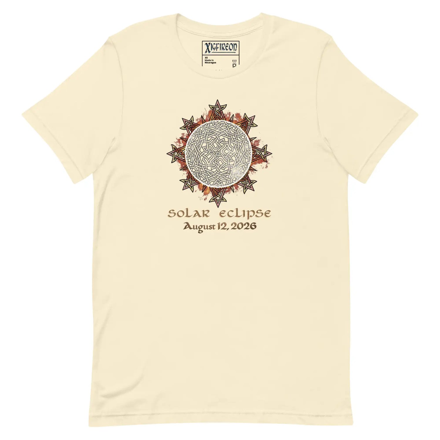 Xigfireon Solar Eclipse August 12, 2026 commemorative t-shirt in natural off-white featuring the Morning Star Fire Eclipsed Celtic knot design with original hand-drawn eclipse-inspired artwork and text that reads &