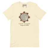 Xigfireon Solar Eclipse August 12, 2026 commemorative t-shirt in natural off-white featuring the Morning Star Fire Eclipsed Celtic knot design with original hand-drawn eclipse-inspired artwork and text that reads &