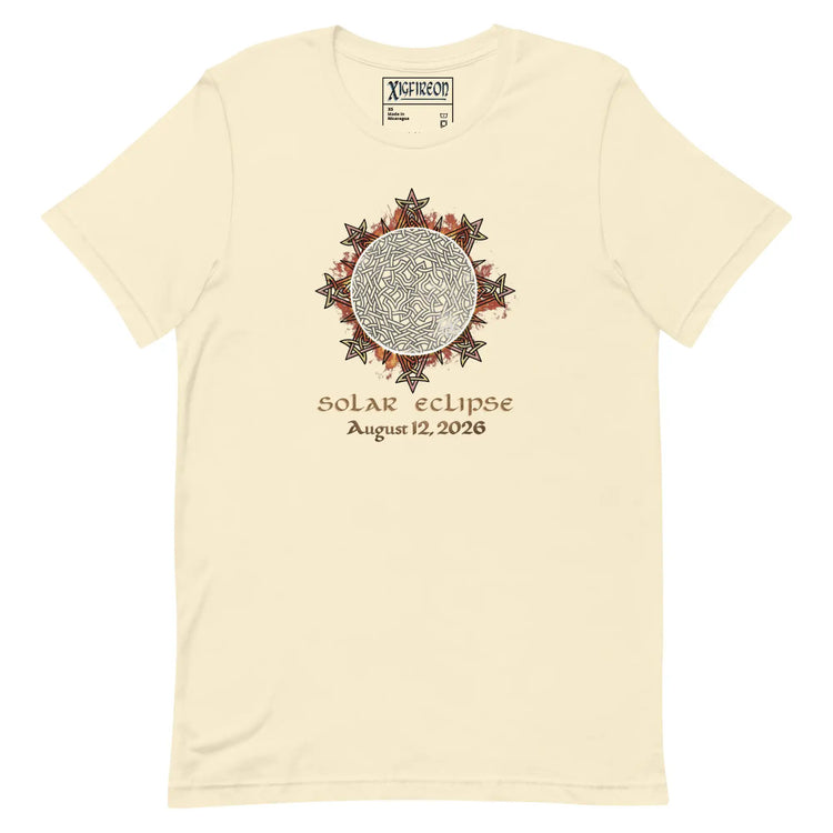 Xigfireon Solar Eclipse August 12, 2026 commemorative t-shirt in natural off-white featuring the Morning Star Fire Eclipsed Celtic knot design with original hand-drawn eclipse-inspired artwork and text that reads &