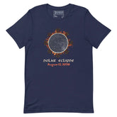 Xigfireon Solar Eclipse August 12, 2026 commemorative t-shirt in navy blue featuring the Morning Star Fire Eclipsed Celtic knot design with original hand-drawn eclipse-inspired artwork and text that reads &
