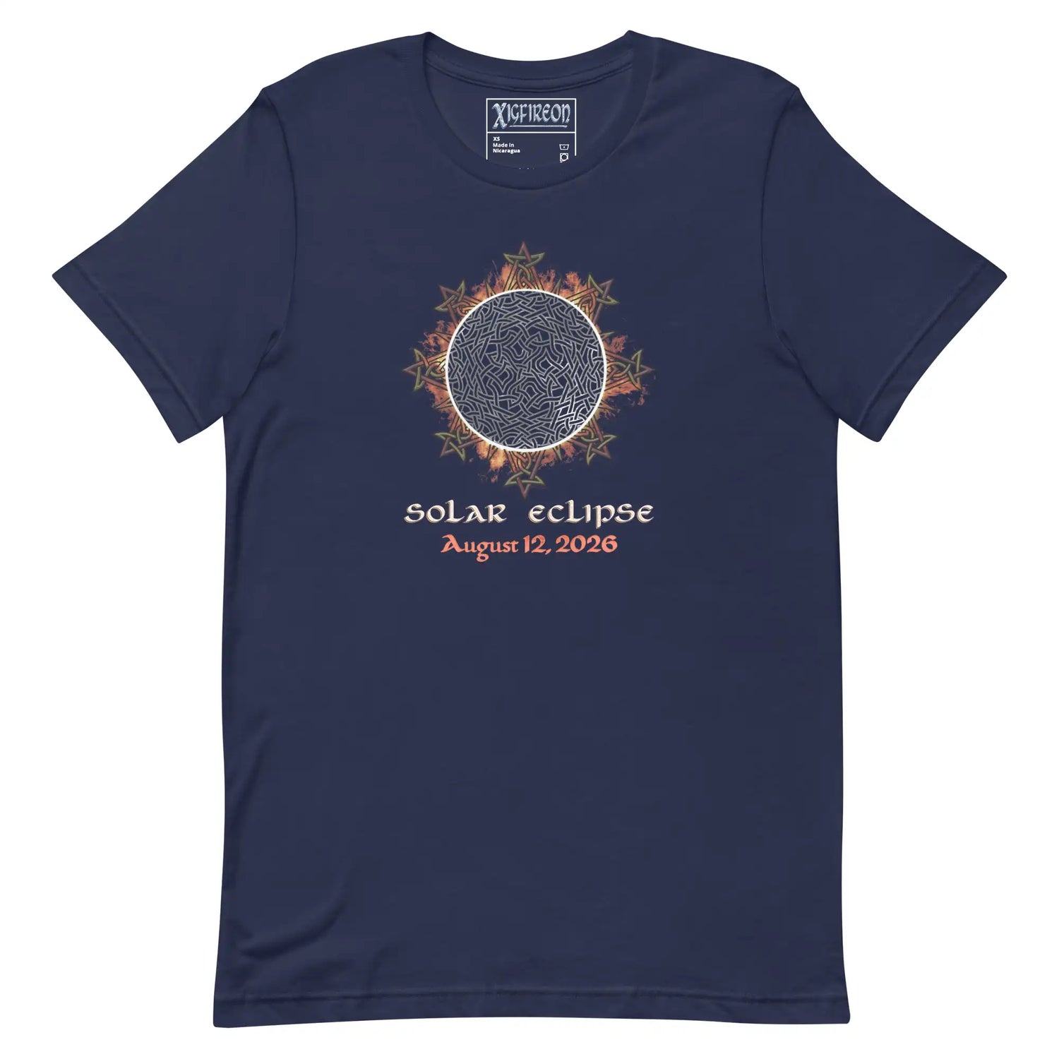 Xigfireon Solar Eclipse August 12, 2026 commemorative t-shirt in navy blue featuring the Morning Star Fire Eclipsed Celtic knot design with original hand-drawn eclipse-inspired artwork and text that reads &