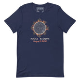 Xigfireon Solar Eclipse August 12, 2026 commemorative t-shirt in navy blue featuring the Morning Star Fire Eclipsed Celtic knot design with original hand-drawn eclipse-inspired artwork and text that reads &