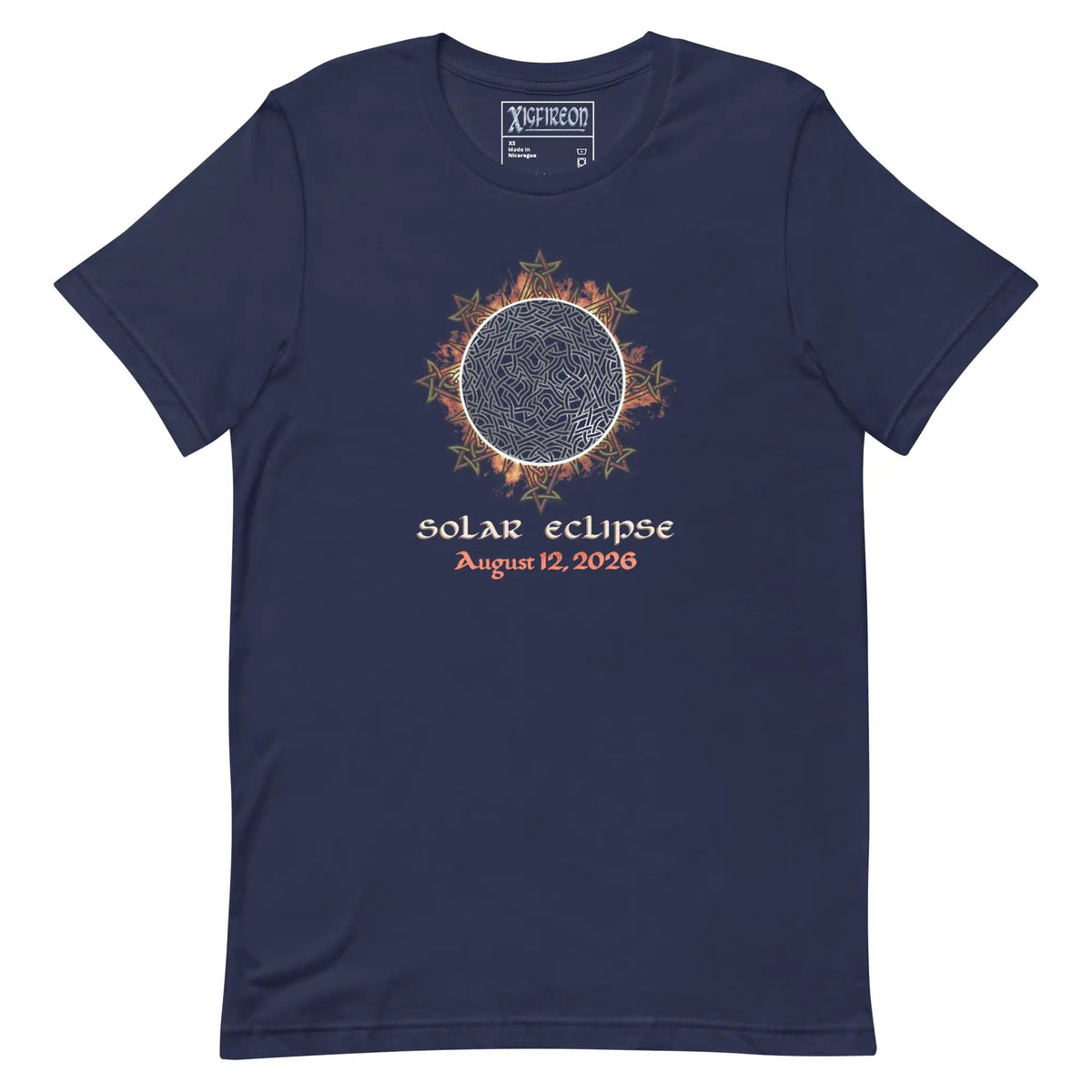 Xigfireon Solar Eclipse August 12, 2026 commemorative t-shirt in navy blue featuring the Morning Star Fire Eclipsed Celtic knot design with original hand-drawn eclipse-inspired artwork and text that reads &