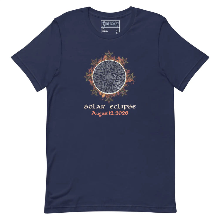 Xigfireon Solar Eclipse August 12, 2026 commemorative t-shirt in navy blue featuring the Morning Star Fire Eclipsed Celtic knot design with original hand-drawn eclipse-inspired artwork and text that reads &