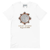 Xigfireon Solar Eclipse August 12, 2026 commemorative t-shirt in white featuring the Morning Star Fire Eclipsed Celtic knot design with original hand-drawn eclipse-inspired artwork and text that reads &