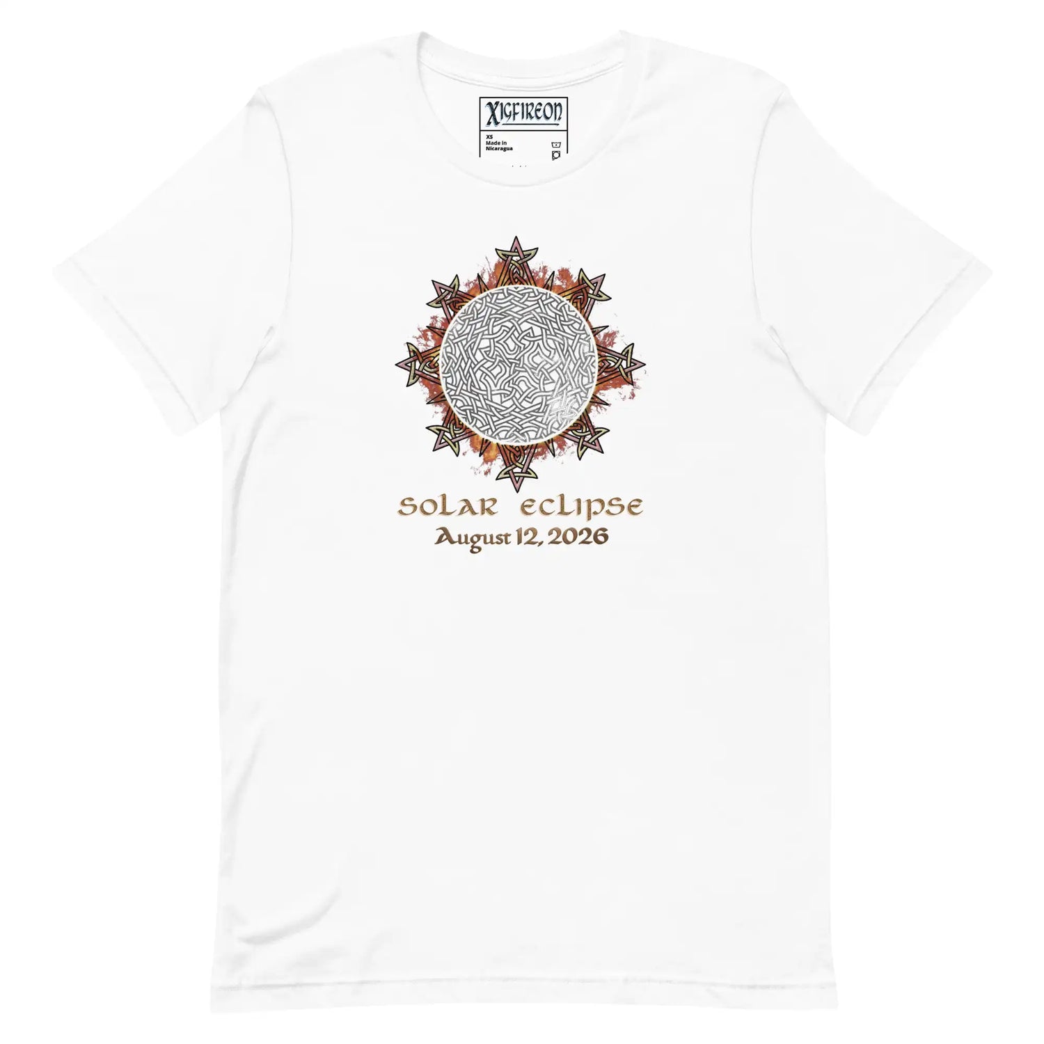 Xigfireon Solar Eclipse August 12, 2026 commemorative t-shirt in white featuring the Morning Star Fire Eclipsed Celtic knot design with original hand-drawn eclipse-inspired artwork and text that reads &