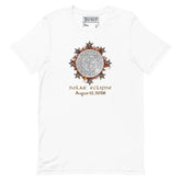 Xigfireon Solar Eclipse August 12, 2026 commemorative t-shirt in white featuring the Morning Star Fire Eclipsed Celtic knot design with original hand-drawn eclipse-inspired artwork and text that reads &