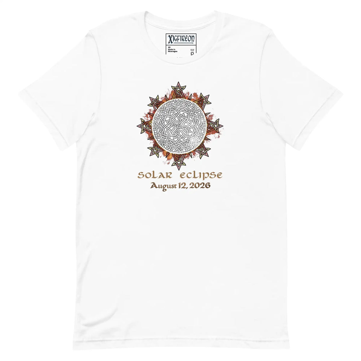 Xigfireon Solar Eclipse August 12, 2026 commemorative t-shirt in white featuring the Morning Star Fire Eclipsed Celtic knot design with original hand-drawn eclipse-inspired artwork and text that reads &