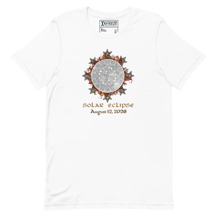 Xigfireon Solar Eclipse August 12, 2026 commemorative t-shirt in white featuring the Morning Star Fire Eclipsed Celtic knot design with original hand-drawn eclipse-inspired artwork and text that reads &