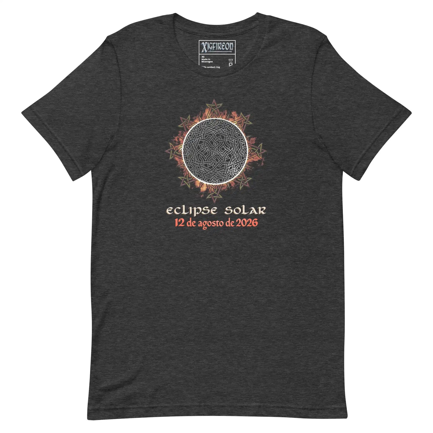 A dark heather gray t-shirt by Xigfireon featuring a graphic of a solar eclipse with orange and red leaf accents, and  Spanish text reading &