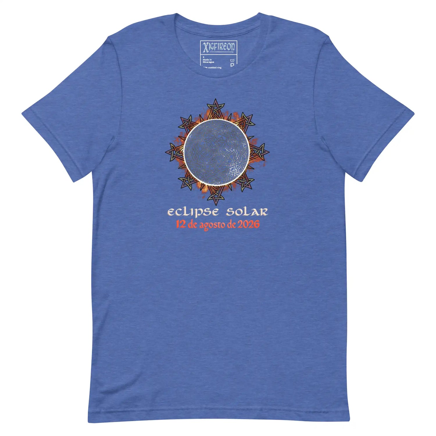 A heather blue short-sleeve Celtic knot t-shirt by Xigfireon featuring a graphic of a solar eclipse with the text &
