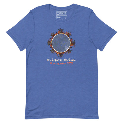 A heather blue short-sleeve Celtic knot t-shirt by Xigfireon featuring a graphic of a solar eclipse with the text &