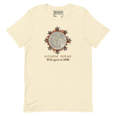 A natural cream-colored short-sleeve t-shirt by Xigfireon featuring a Celtic knot graphic of a solar eclipse with the Spanish text &