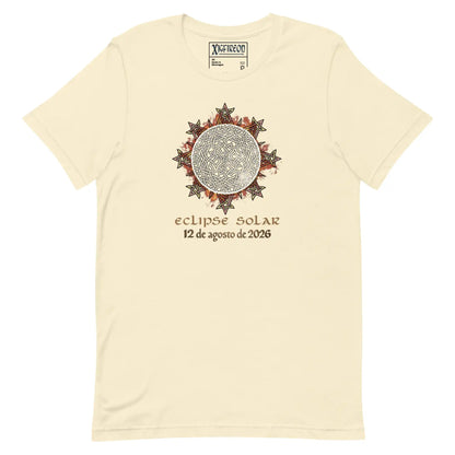A natural cream-colored short-sleeve t-shirt by Xigfireon featuring a Celtic knot graphic of a solar eclipse with the Spanish text &