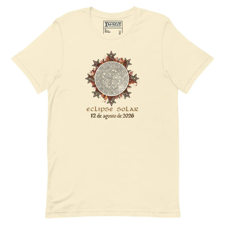 A natural cream-colored short-sleeve t-shirt by Xigfireon featuring a Celtic knot graphic of a solar eclipse with the Spanish text &