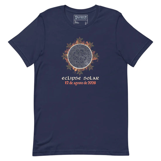 A navy blue short-sleeve t-shirt with a graphic of a solar eclipse by Xigfireon. The graphic features a detailed Sun face surrounded by orange and brown leaves, with the Spanish text &