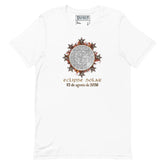 A white short-sleeve crewneck t-shirt by Xigfireon featuring a Celtic Knot graphic of a solar eclipse with the Spanish text &