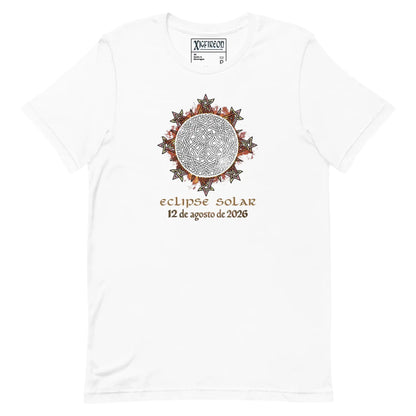 A white short-sleeve crewneck t-shirt by Xigfireon featuring a Celtic Knot graphic of a solar eclipse with the Spanish text &